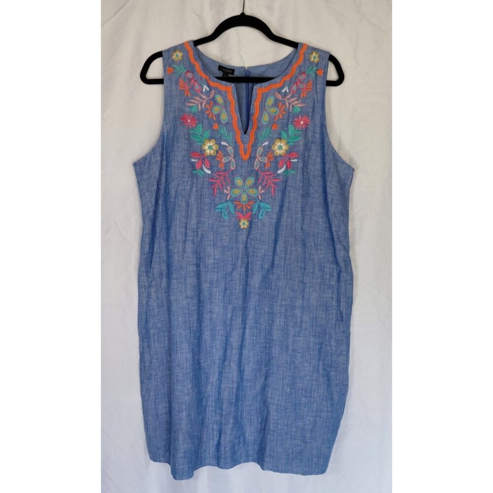 Talbots Floral Embroidered Sheath Dress Sz 16 Linen‎ Cotton Lined Beach Coastal